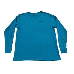 Patagonia P6 Long Sleeve Spellout Shirt Mens Large Teal Blue Double Sided